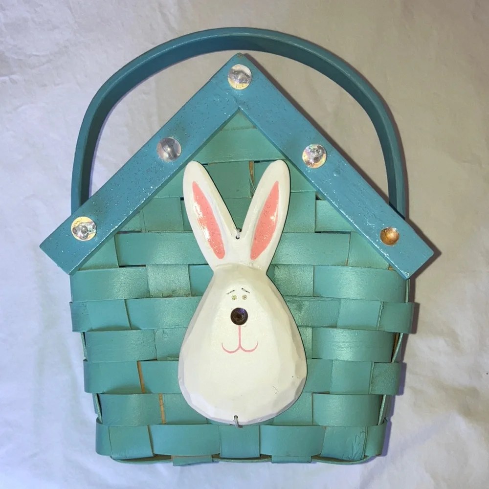 Easter Basket Kids Woven Wood with Handle Bunny Face - Picture 1 of 10
